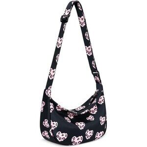 Mini Crescent Bag with Adjustable Strap, 2 Zippers Lightweight Nylon Bag - Black